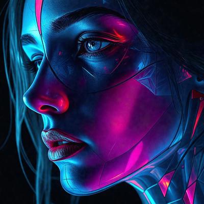 The primary subject of the image is a woman with a purple and blue face. She has a purple nose and blue eyes, and her face is adorned with a blue and purple pattern. The setting is a dark room, and the visual style is a digital art or illustration. The colors and mood of the image are vibrant and futuristic, creating a unique and captivating appearance.